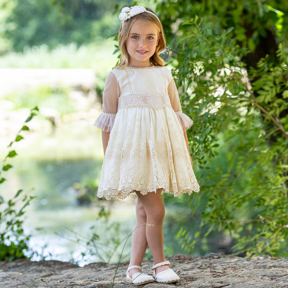 Abuela Tata-Girls Ivory Embroidered Tulle Dress with a Hint of Pink | Childrensalon