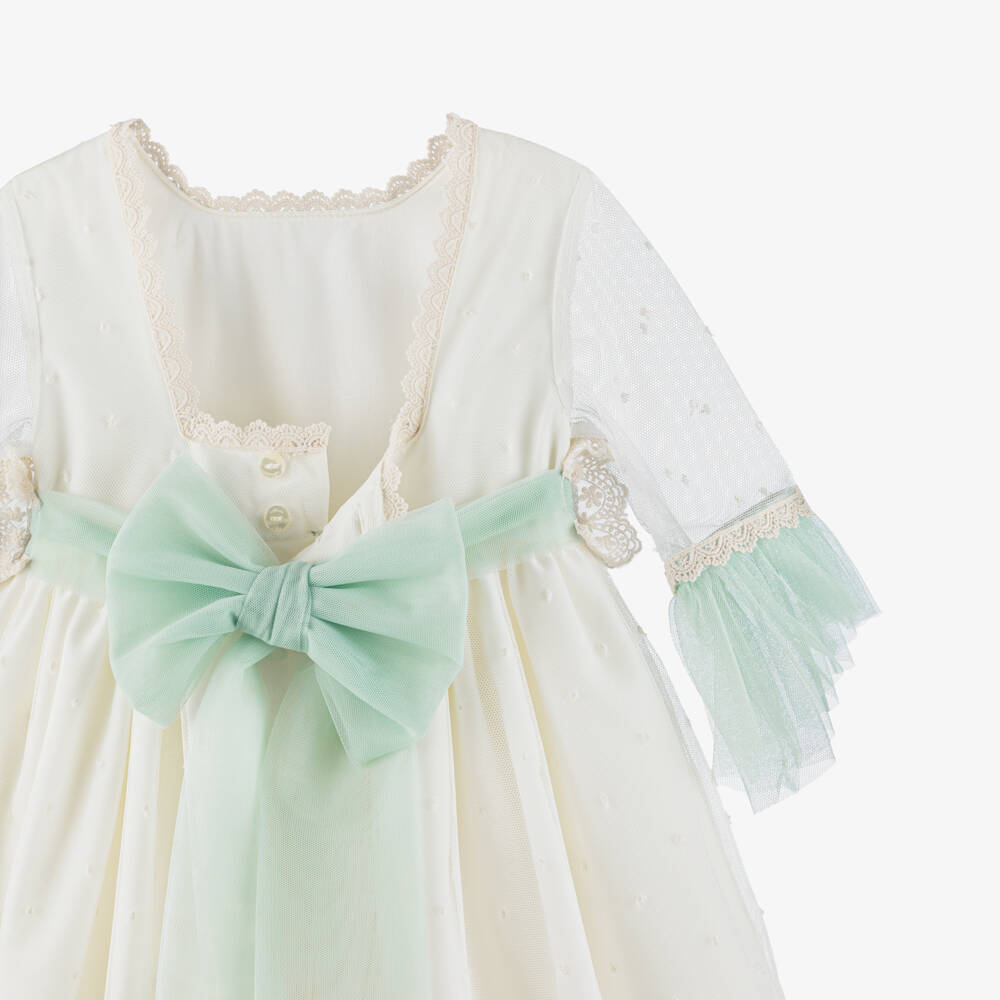 Abuela Tata-Girls Ivory Embroidered Tulle Dress with Pastel Green Trims | Childrensalon
