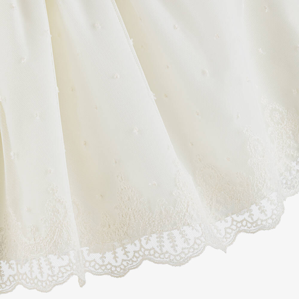 Abuela Tata-Girls Ivory Embroidered Tulle Dress with Pastel Green Trims | Childrensalon