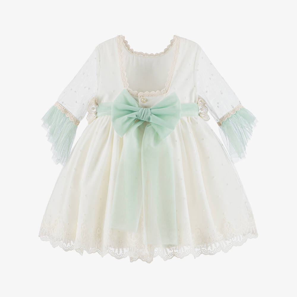 Abuela Tata-Girls Ivory Embroidered Tulle Dress with Pastel Green Trims | Childrensalon
