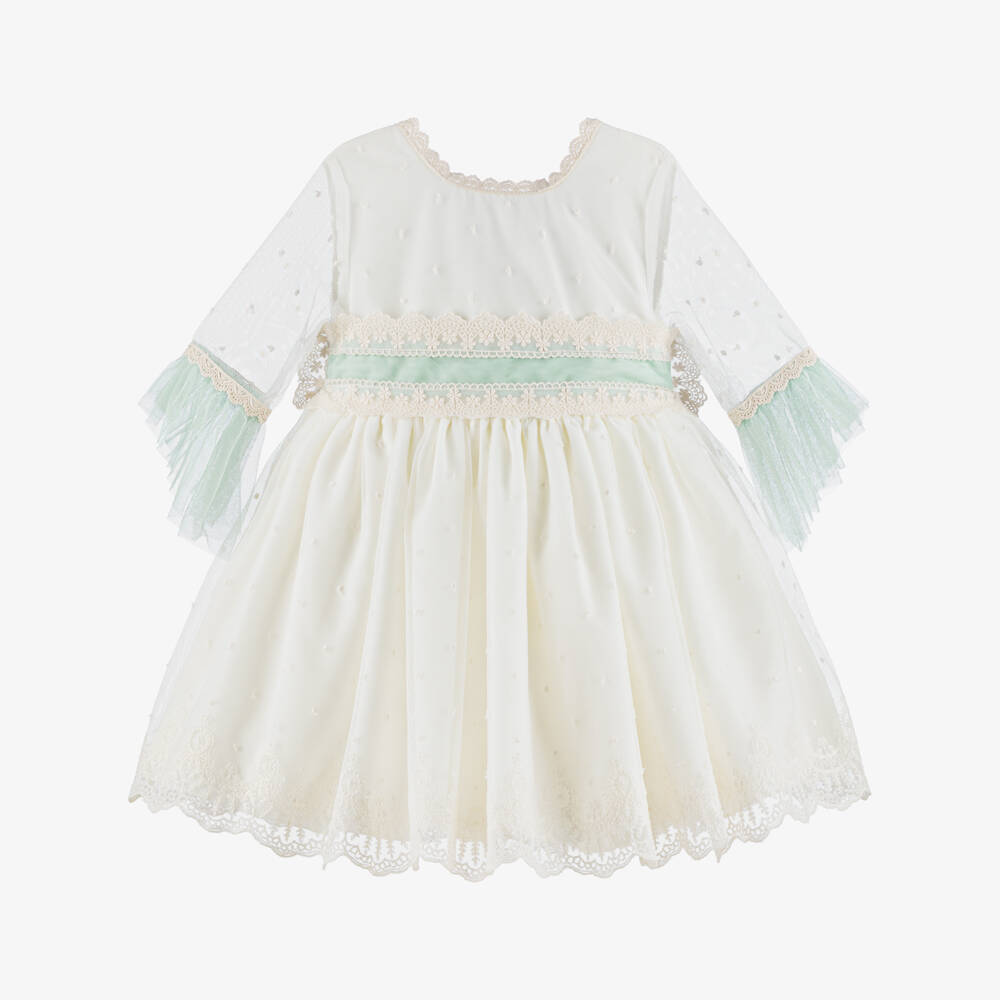 Abuela Tata-Girls Ivory Embroidered Tulle Dress with Pastel Green Trims | Childrensalon