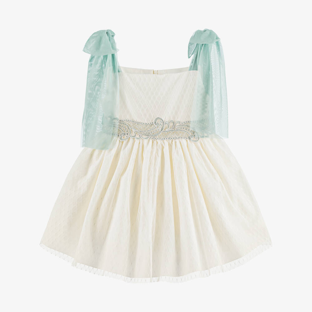 Abuela Tata-Girls Ivory & Green Tulle Dress with Lace & Tulle Bows | Childrensalon
