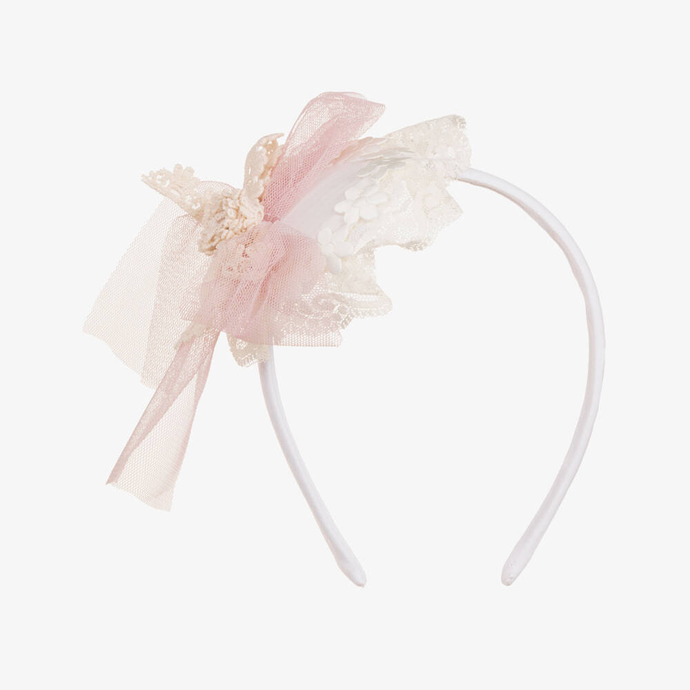 Abuela Tata-Girls Ivory Lace & Pink Tulle Rosette Hairband | Childrensalon