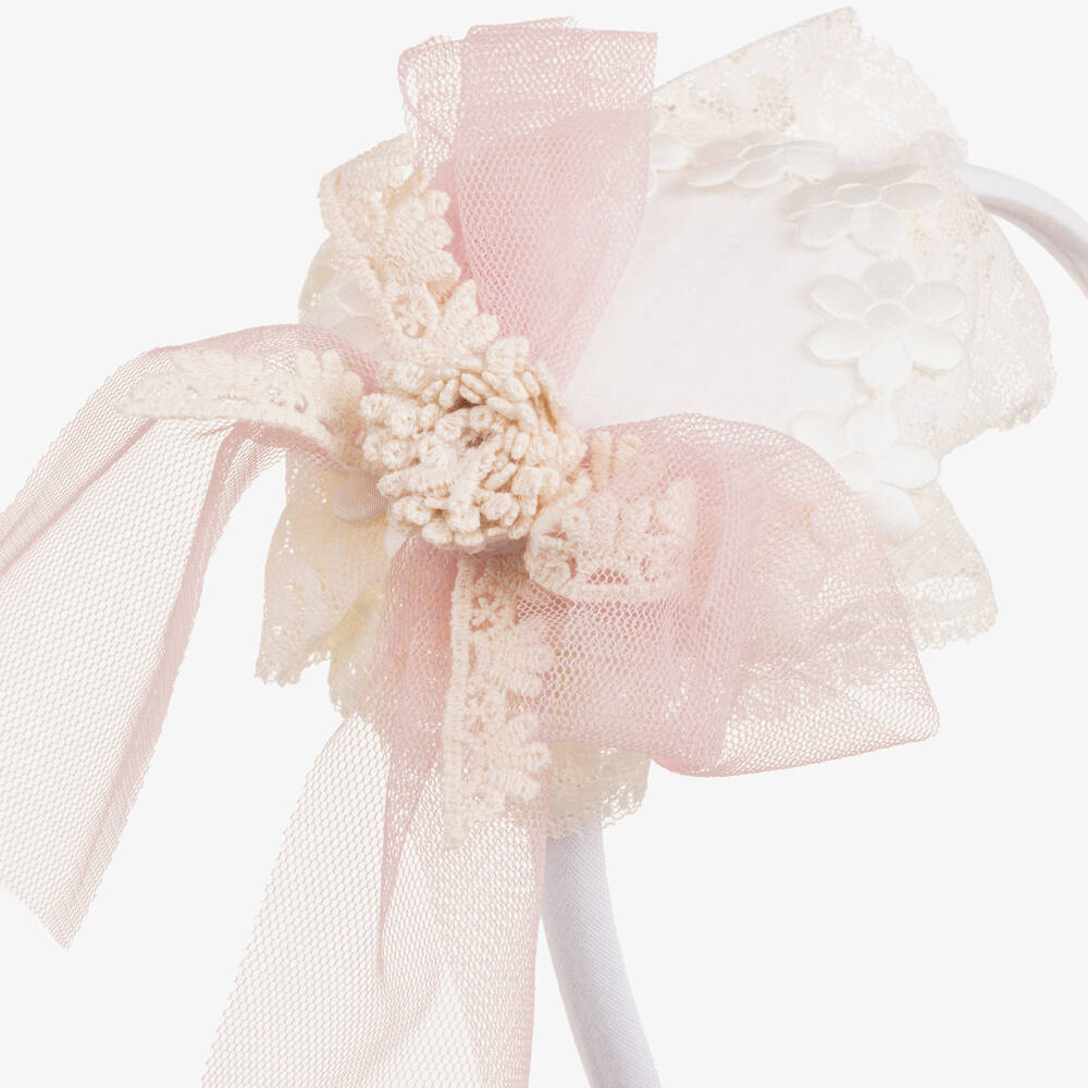 Abuela Tata-Girls Ivory Lace & Pink Tulle Rosette Hairband | Childrensalon