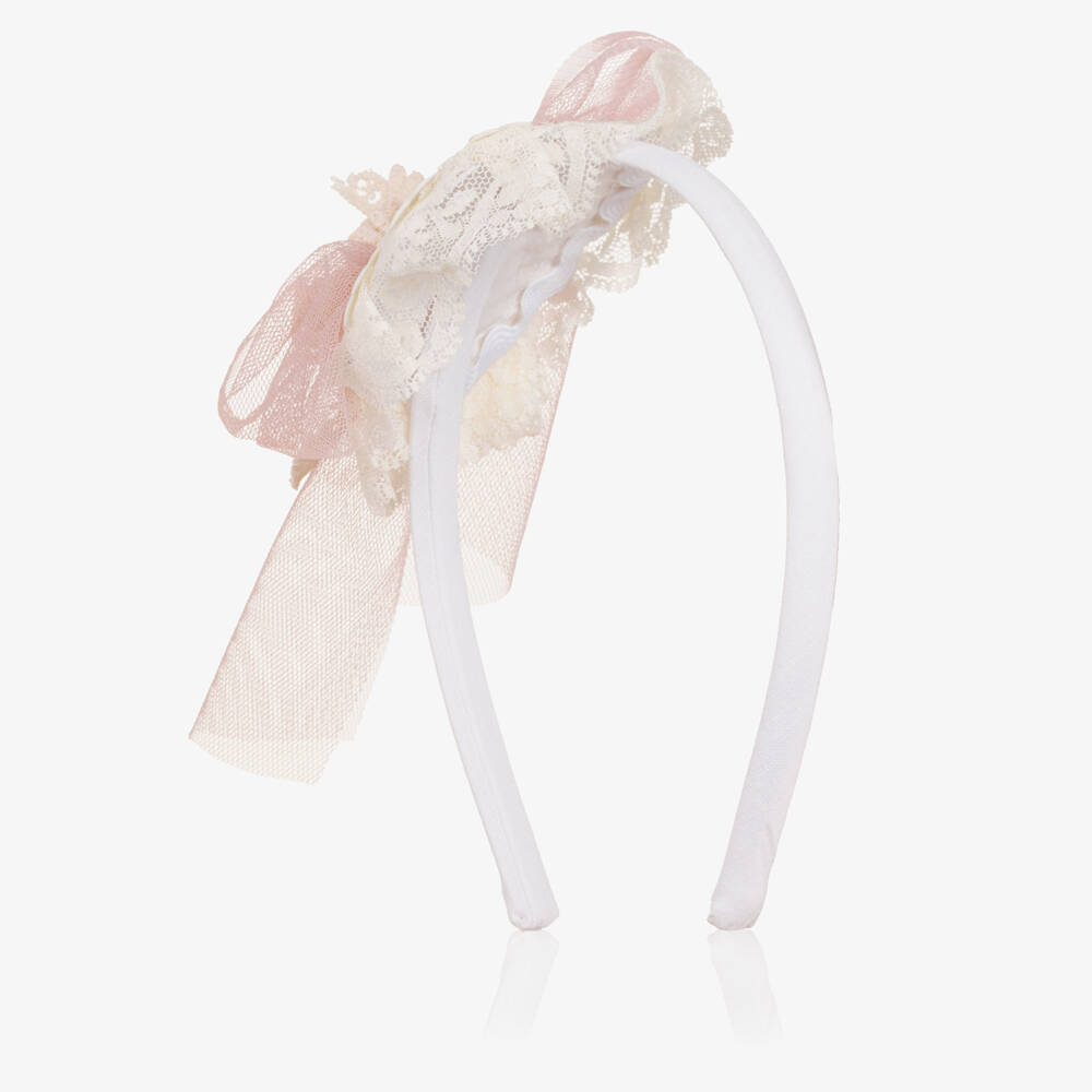 Abuela Tata-Girls Ivory Lace & Pink Tulle Rosette Hairband | Childrensalon