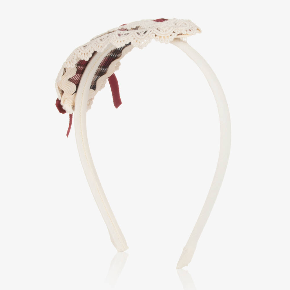 Abuela Tata-Girls Ivory Lace & Red Velvet Rosette Hairband | Childrensalon
