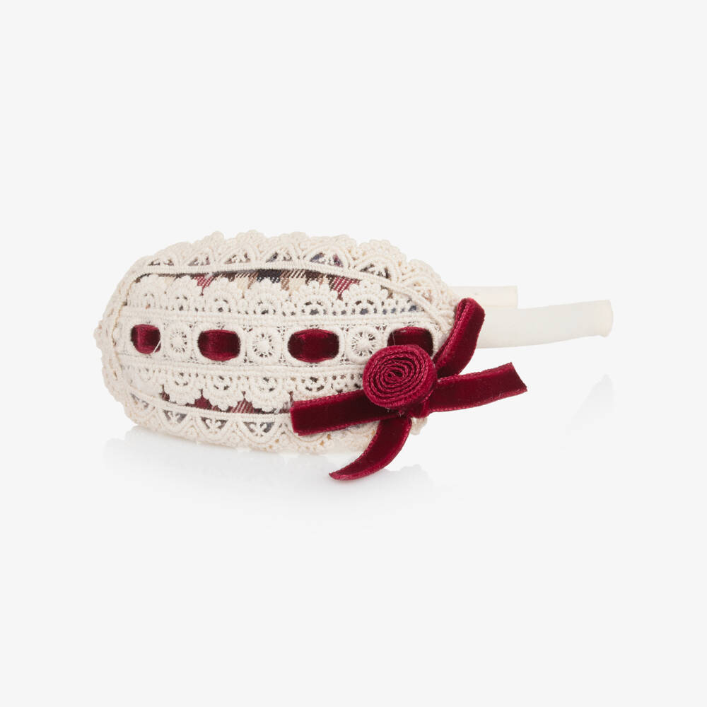 Abuela Tata-Girls Ivory Lace & Red Velvet Rosette Hairband | Childrensalon