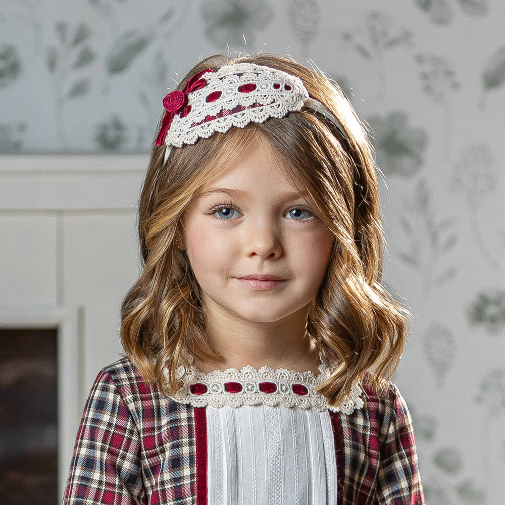 Abuela Tata-Girls Ivory Lace & Red Velvet Rosette Hairband | Childrensalon