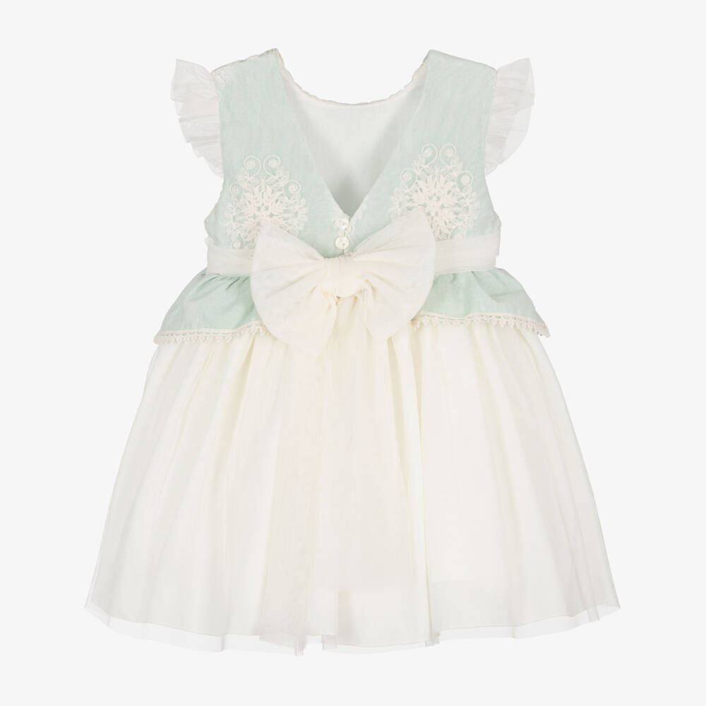 Abuela Tata-Girls Ivory & Mint Green Dress with Lace Embroidery | Childrensalon