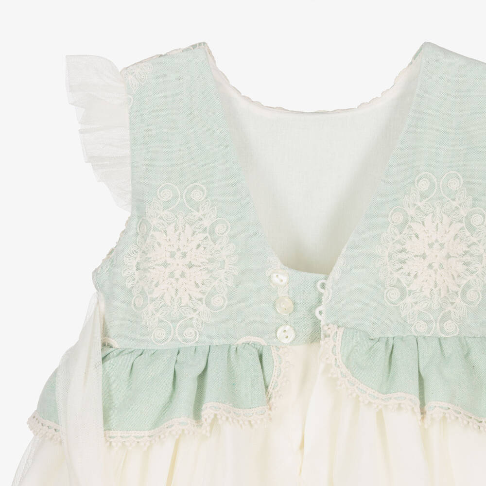 Abuela Tata-Girls Ivory & Mint Green Dress with Lace Embroidery | Childrensalon
