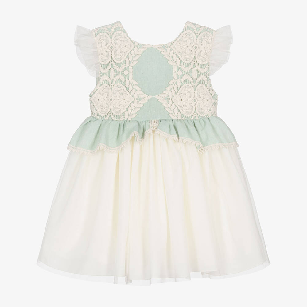 Abuela Tata-Girls Ivory & Mint Green Dress with Lace Embroidery | Childrensalon