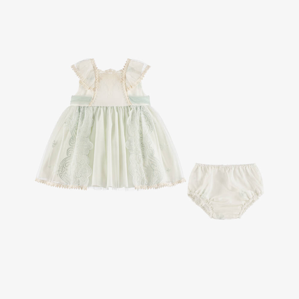 Abuela Tata-Girls Ivory & Mint Green Embroidered Tulle Dress Set | Childrensalon