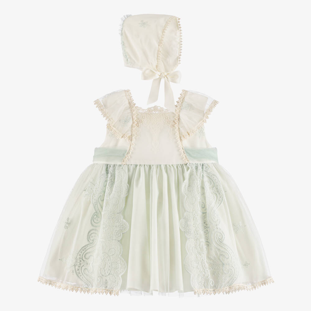Abuela Tata-Girls Ivory & Mint Green Embroidered Tulle Dress Set | Childrensalon