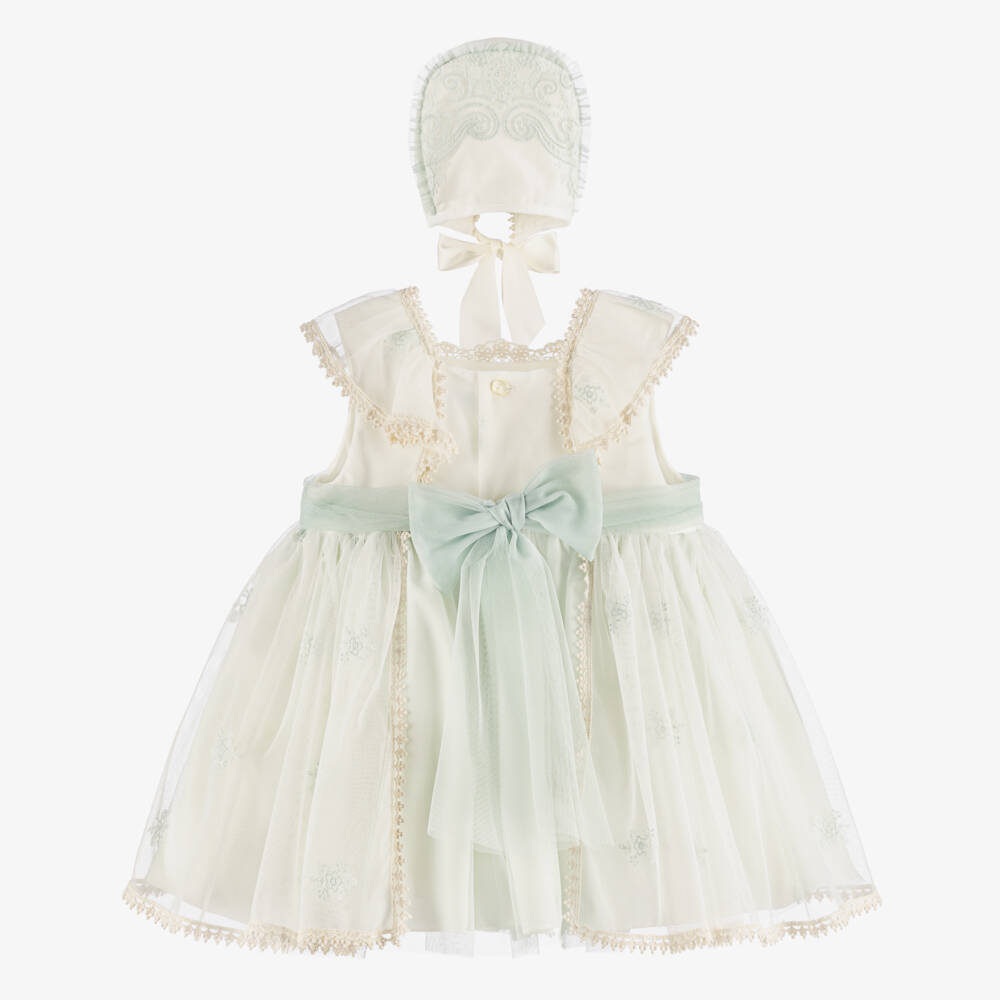 Abuela Tata-Girls Ivory & Mint Green Embroidered Tulle Dress Set | Childrensalon