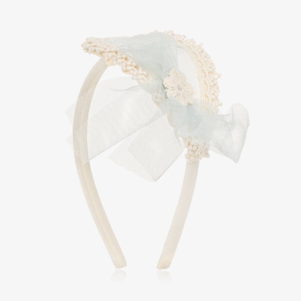 Abuela Tata-طوق شعر مزين بوردة دانتيل لون عاجي وأخضر نعناعي للبنات | Childrensalon