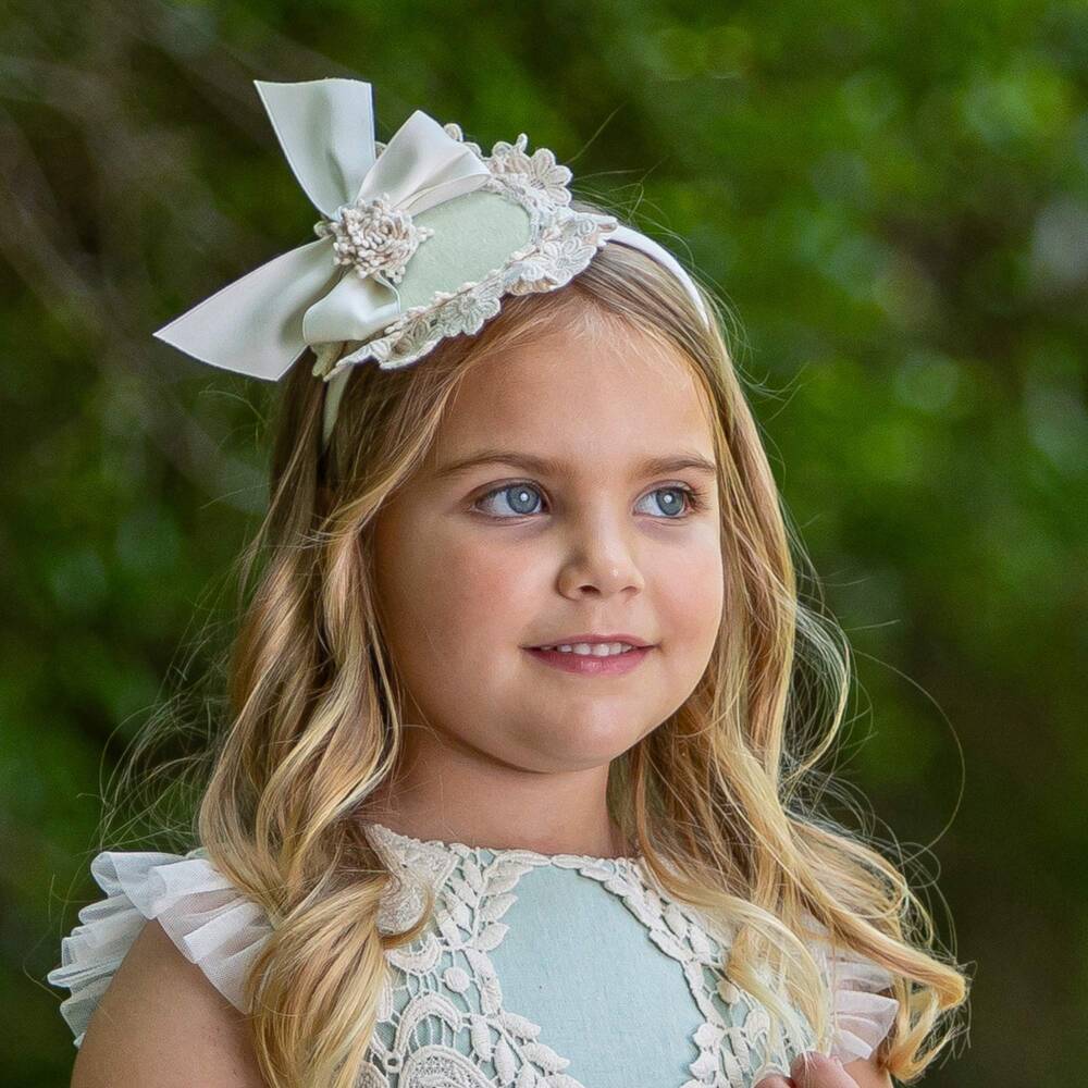 Abuela Tata-Girls Ivory & Mint Green Rosette Hairband | Childrensalon