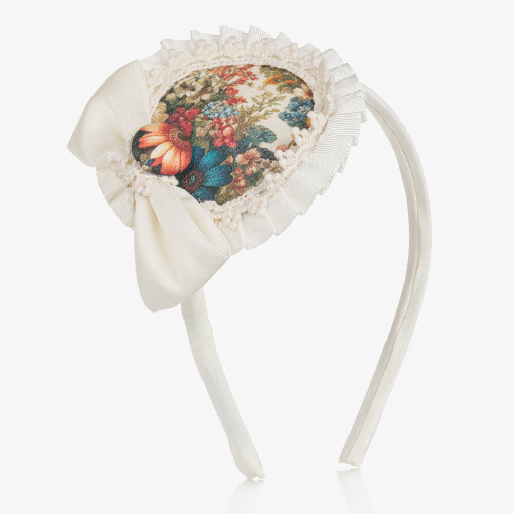 Abuela Tata-Girls Ivory & Multicoloured Vintage Floral Print Hairband | Childrensalon