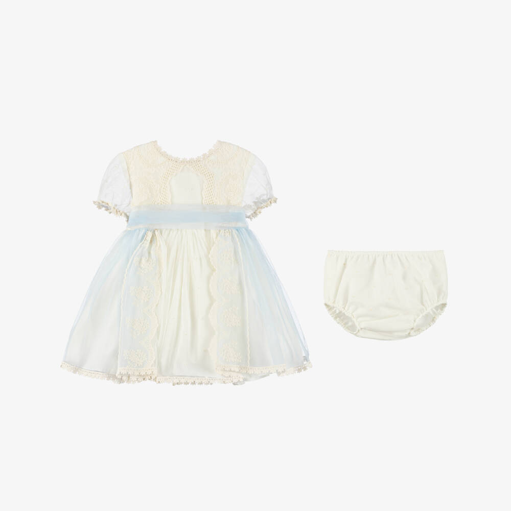 Abuela Tata-Girls Ivory & Pale Blue Tulle Dress Set with Lace Detailing | Childrensalon