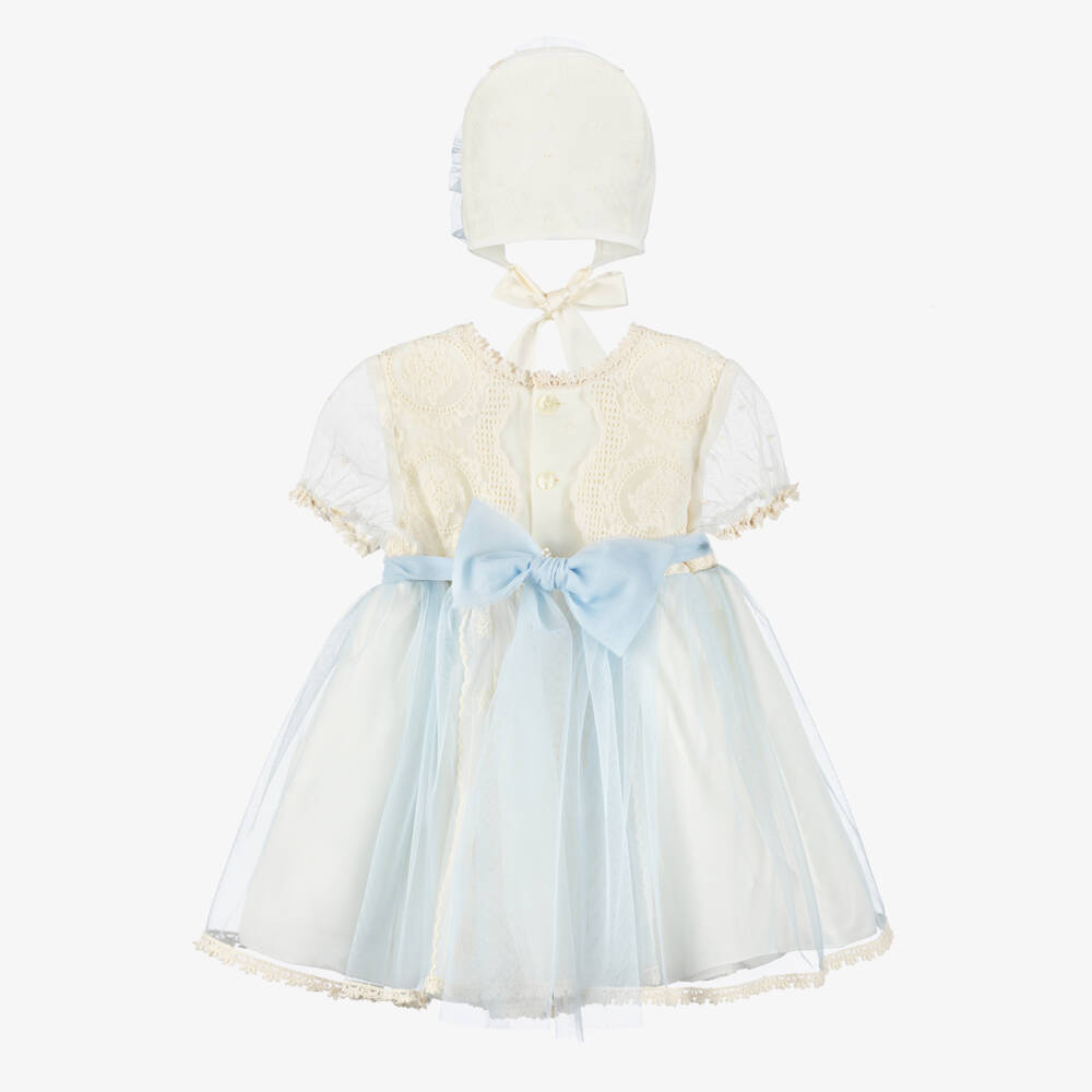 Abuela Tata-Girls Ivory & Pale Blue Tulle Dress Set with Lace Detailing | Childrensalon