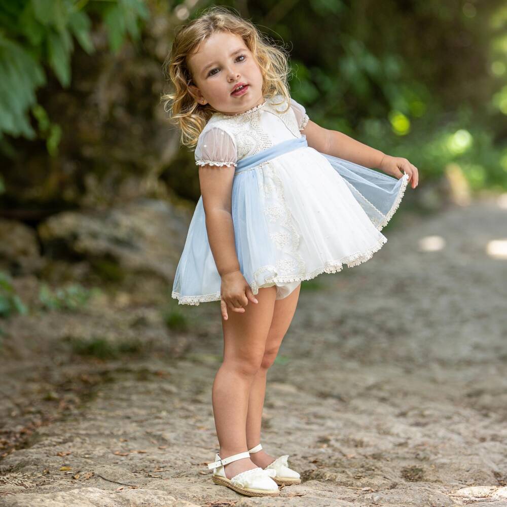 Abuela Tata-طقم فستان تول لون عاجي وأزرق فاتح للبنات | Childrensalon
