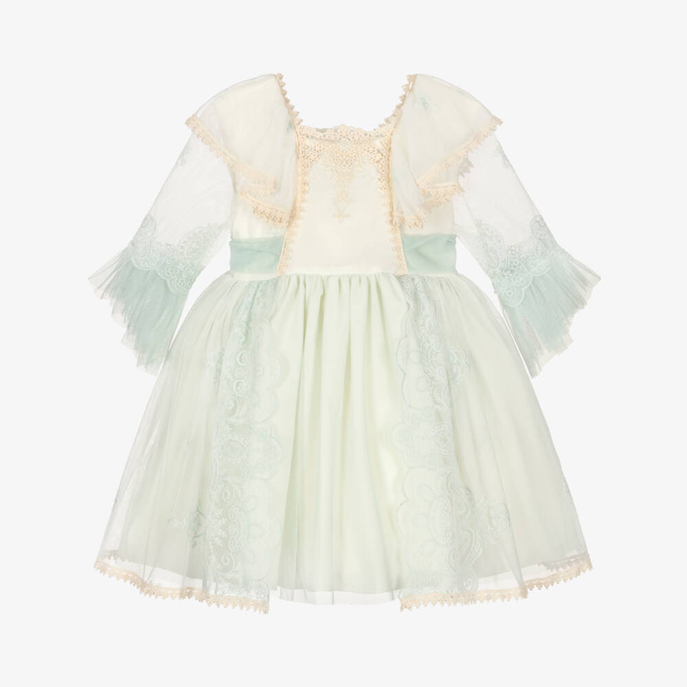 Abuela Tata-Girls Ivory & Pastel Green Tulle Dress with Lace Trim | Childrensalon
