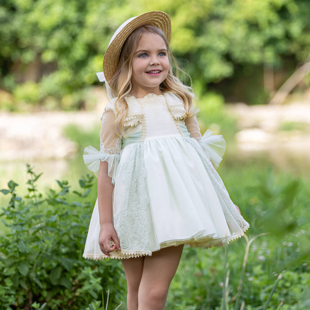 Abuela Tata-Girls Ivory & Pastel Green Tulle Dress with Lace Trim | Childrensalon