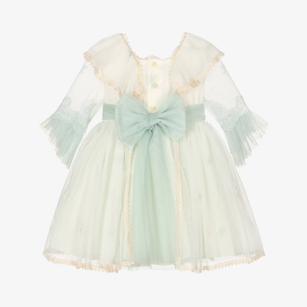 Abuela Tata-Girls Ivory & Pastel Green Tulle Dress with Lace Trim | Childrensalon