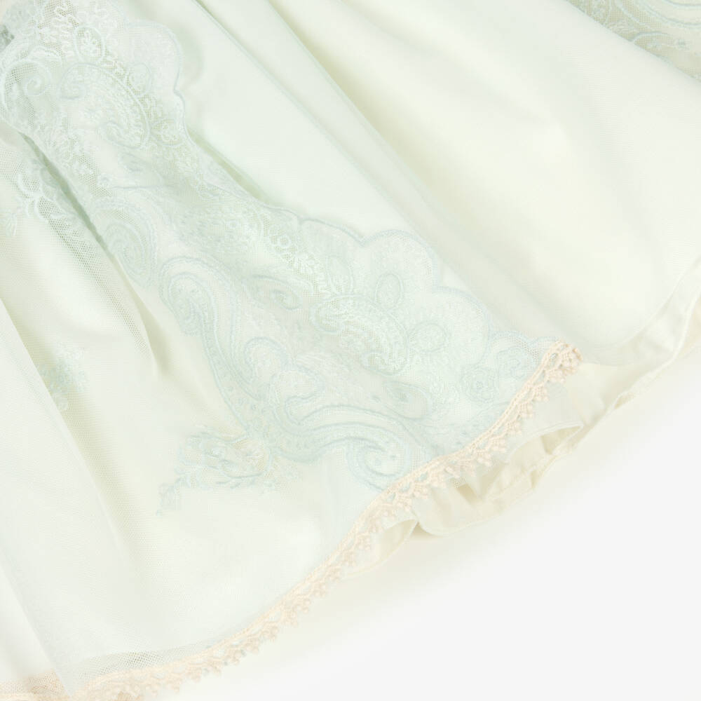 Abuela Tata-Girls Ivory & Pastel Green Tulle Dress with Lace Trim | Childrensalon