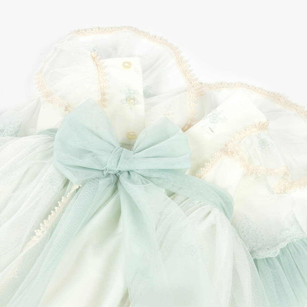 Abuela Tata-Girls Ivory & Pastel Green Tulle Dress with Lace Trim | Childrensalon