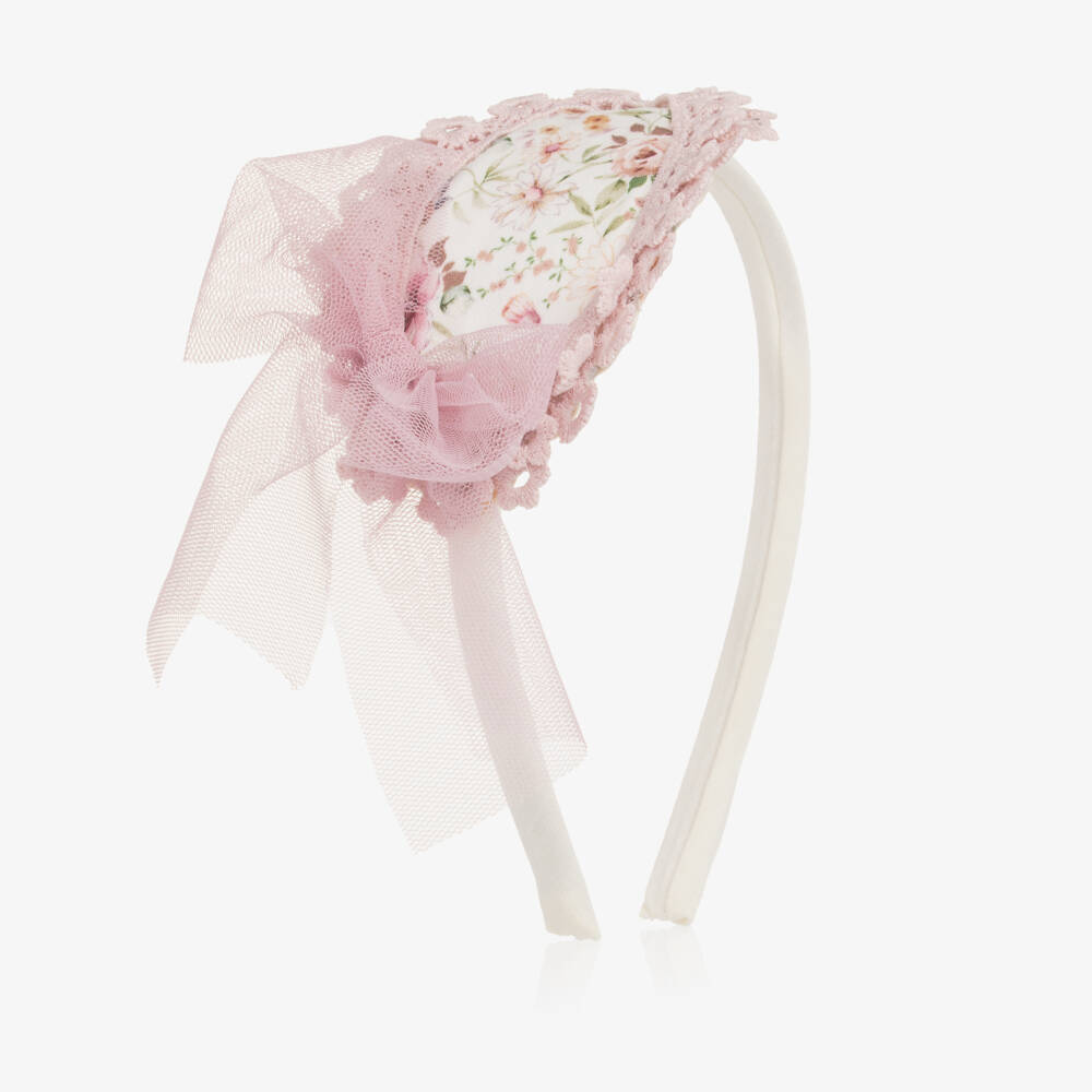 Abuela Tata- Girls Ivory & Pink Floral Hairband with Tulle Bow | Childrensalon