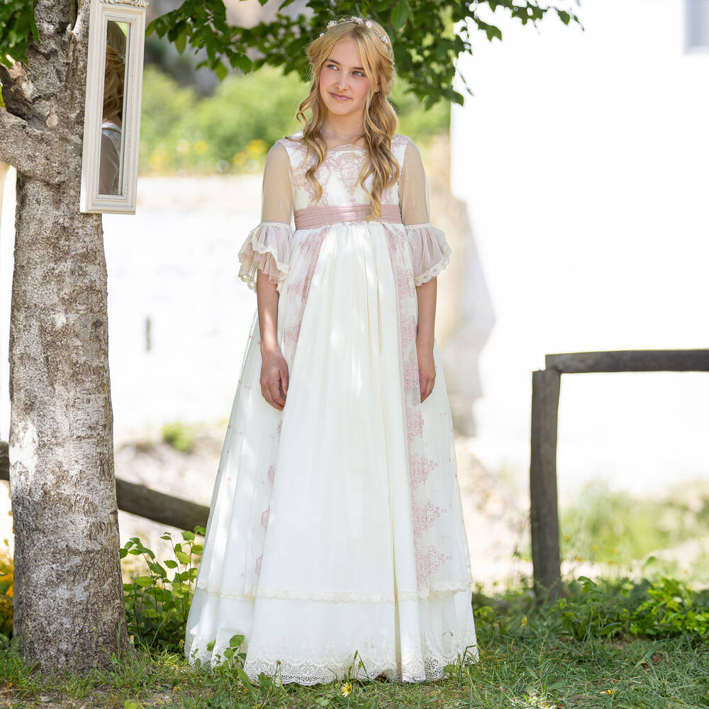 Abuela Tata-Girls Ivory & Pink Tulle Ceremony Dress | Childrensalon