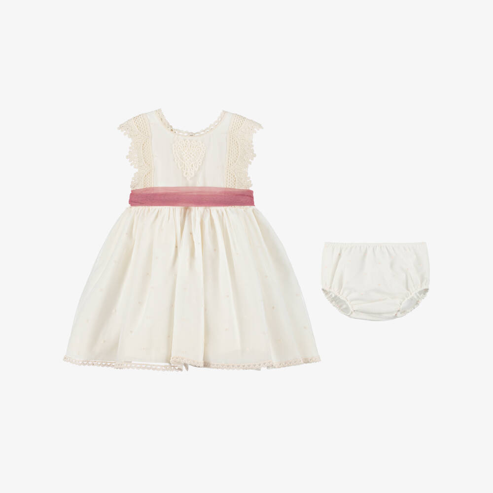 Abuela Tata-طقم فستان تول مزين بالدانتيل لون عاجي وزهري للبنات | Childrensalon