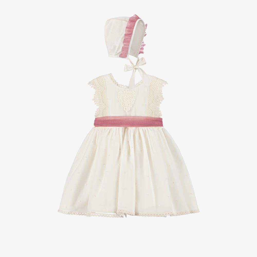 Abuela Tata-Girls Ivory & Pink Tulle Dress Set with Lace Detailing | Childrensalon