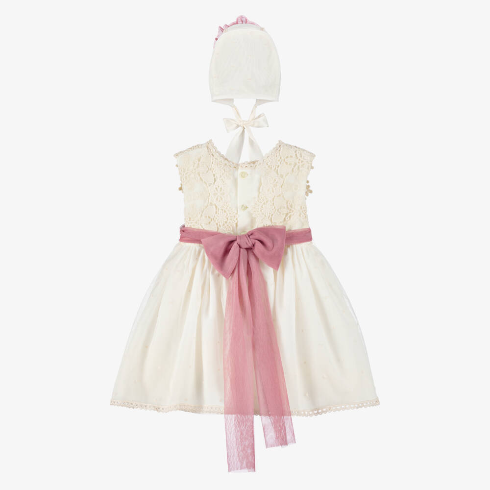 Abuela Tata-طقم فستان تول مزين بالدانتيل لون عاجي وزهري للبنات | Childrensalon