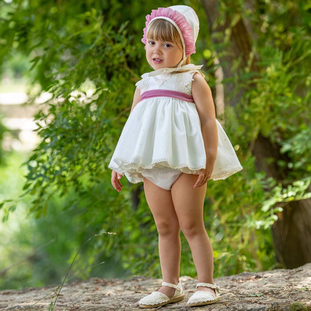 Abuela Tata-طقم فستان تول مزين بالدانتيل لون عاجي وزهري للبنات | Childrensalon