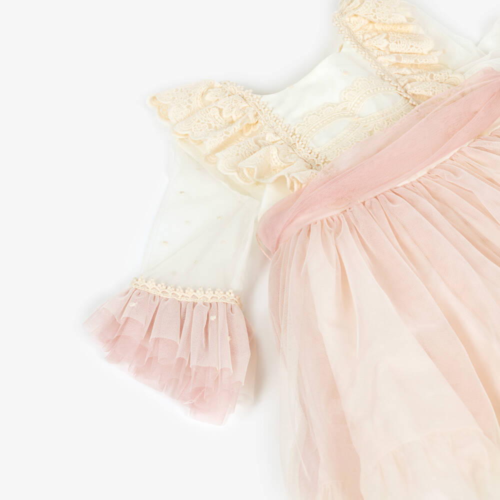 Abuela Tata-Girls Ivory & Pink Tulle Dress with Embroidered Detail | Childrensalon