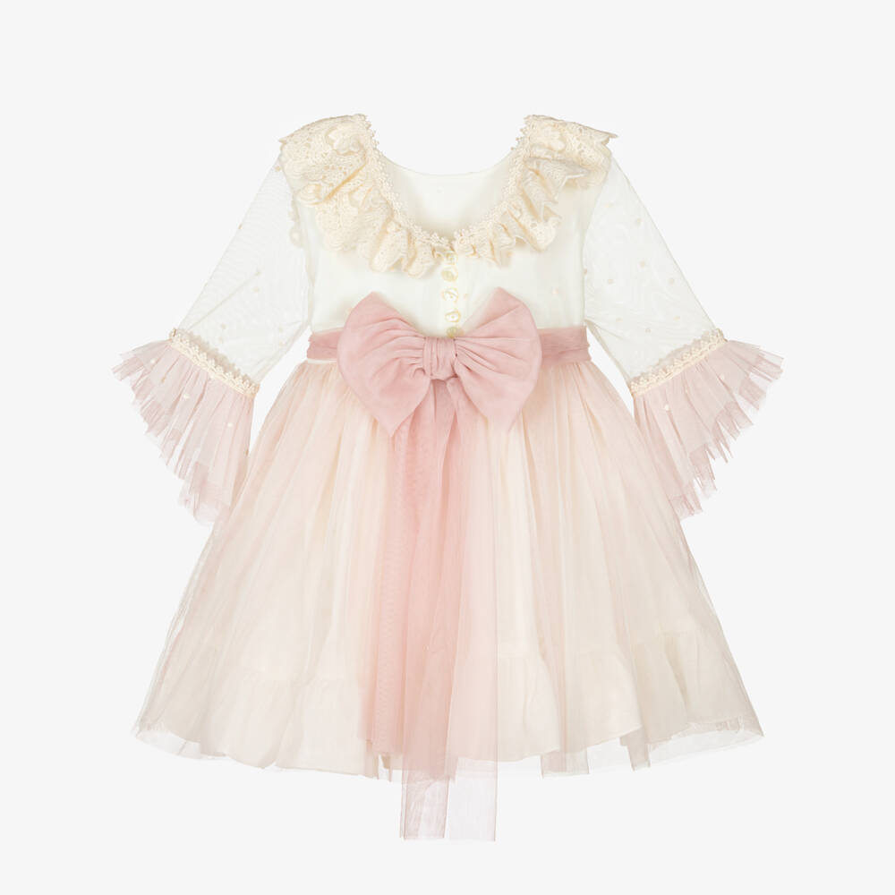 Abuela Tata-Girls Ivory & Pink Tulle Dress with Embroidered Detail | Childrensalon