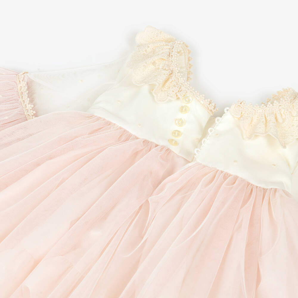Abuela Tata-Girls Ivory & Pink Tulle Dress with Embroidered Detail | Childrensalon