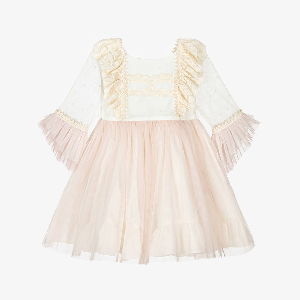 Abuela Tata-Girls Ivory & Pink Tulle Dress with Embroidered Detail | Childrensalon