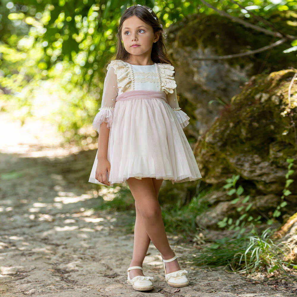 Abuela Tata-Girls Ivory & Pink Tulle Dress with Embroidered Detail | Childrensalon