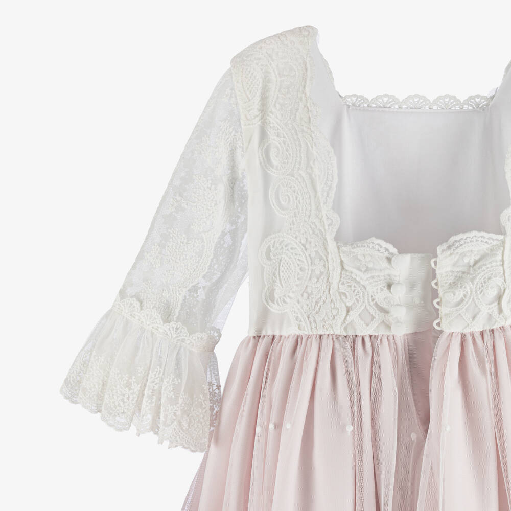 Abuela Tata-Girls Ivory & Pink Tulle Gown with Lace | Childrensalon