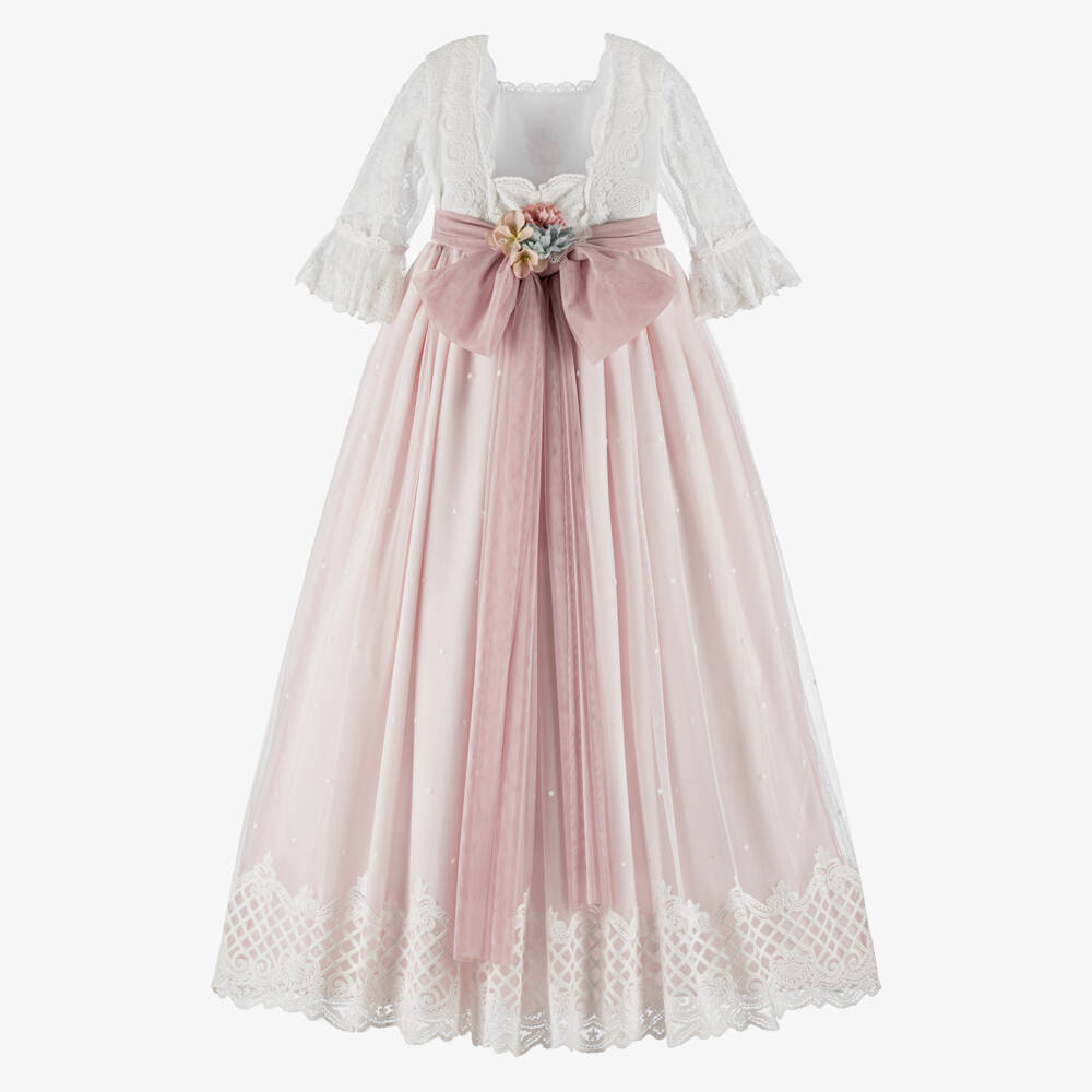 Abuela Tata-Girls Ivory & Pink Tulle Gown with Lace | Childrensalon