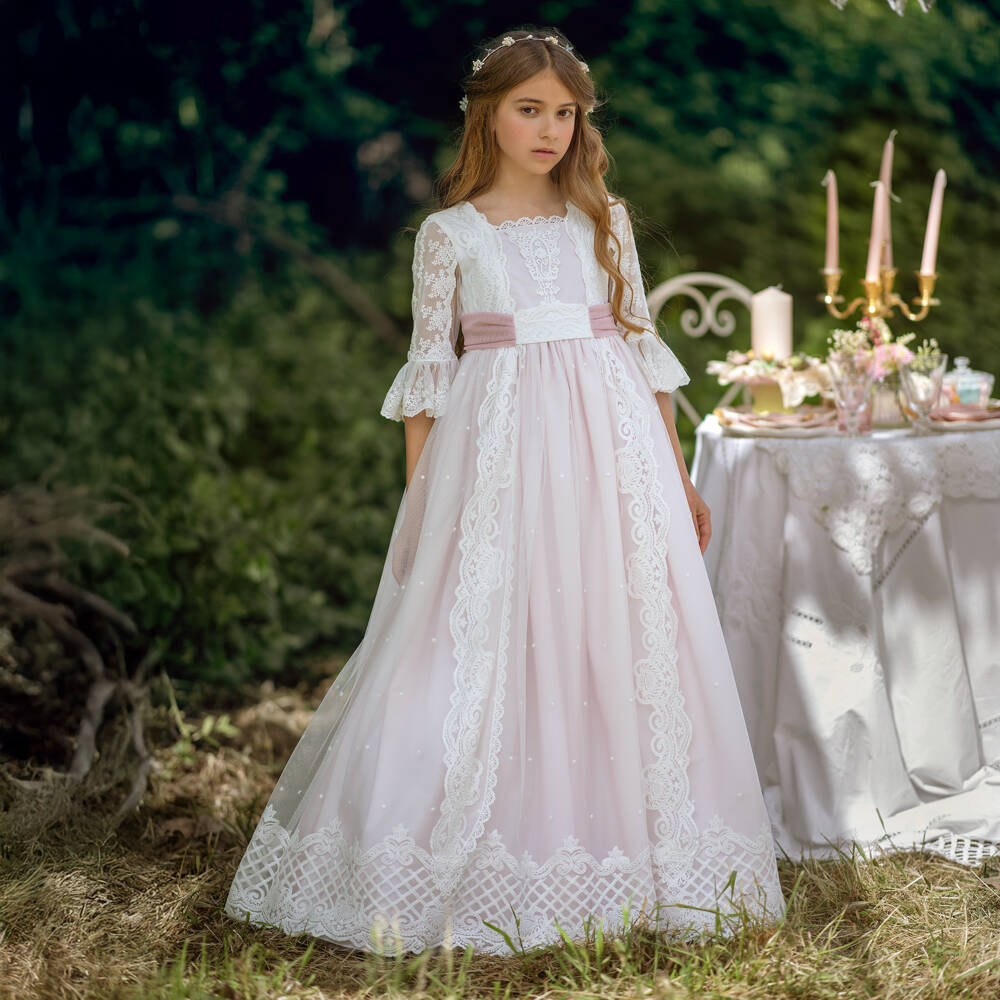 Abuela Tata-Girls Ivory & Pink Tulle Gown with Lace | Childrensalon