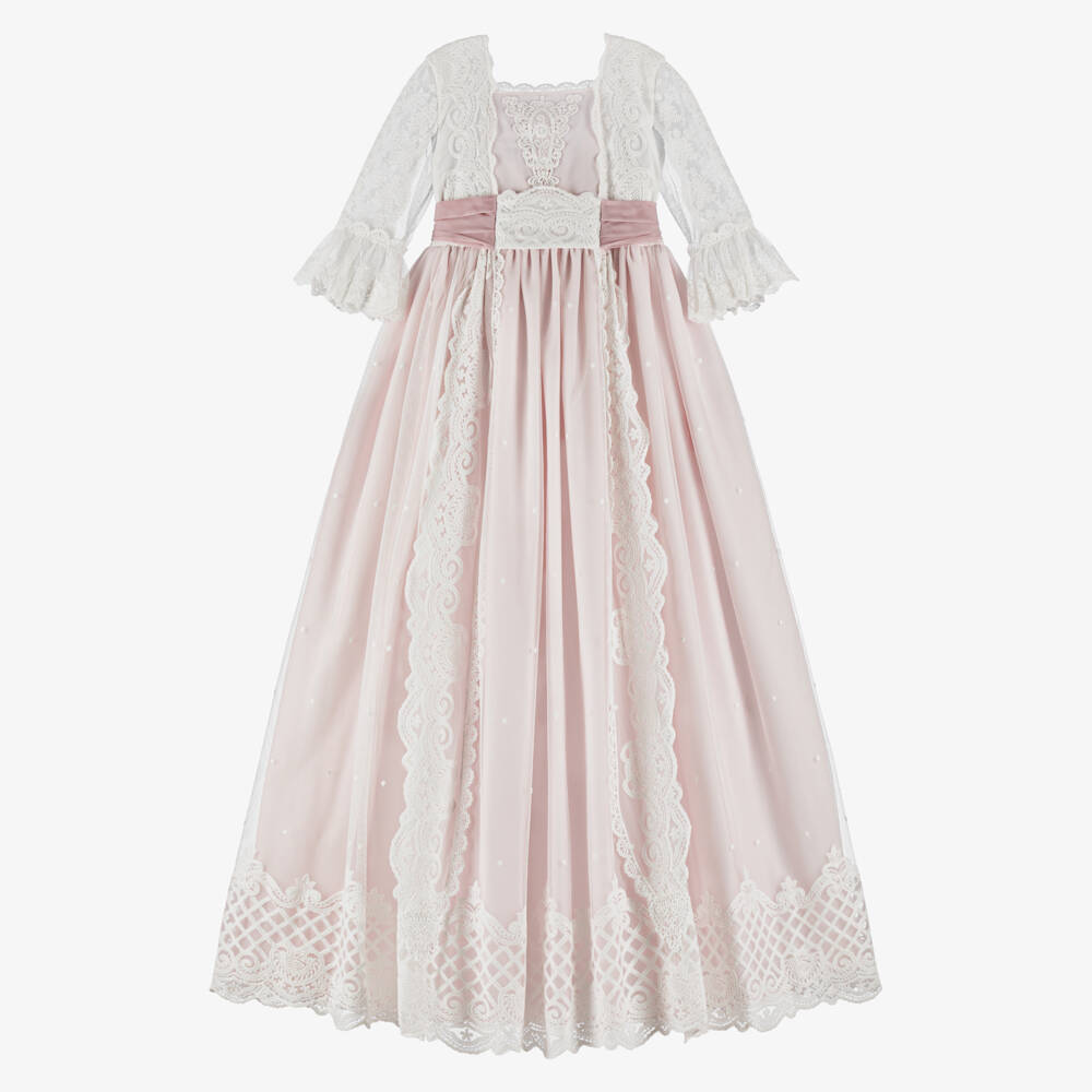 Abuela Tata-Girls Ivory & Pink Tulle Gown with Lace  | Childrensalon