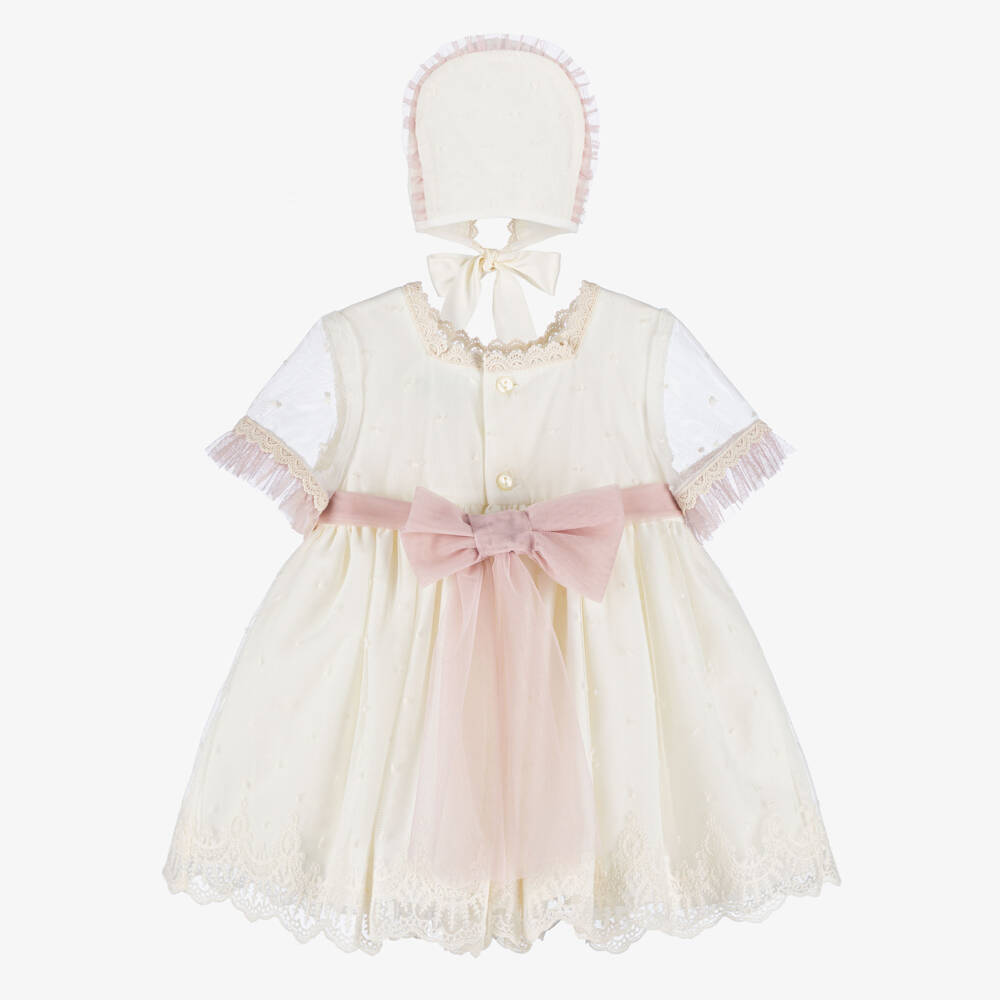 Abuela Tata-طقم فستان وقبعة تول لون عاجي للبنات | Childrensalon