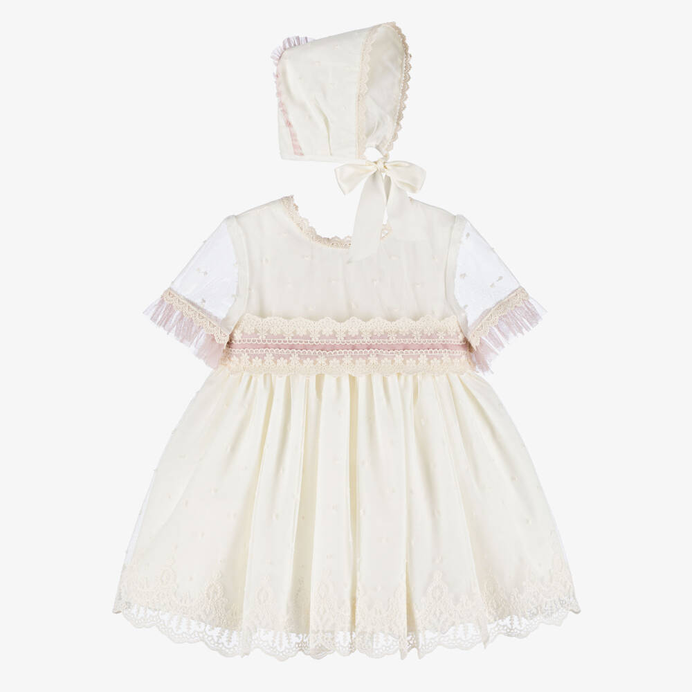 Abuela Tata-Платье кремовое из тюля плюмети с розовой отделкой для девочек  | Childrensalon