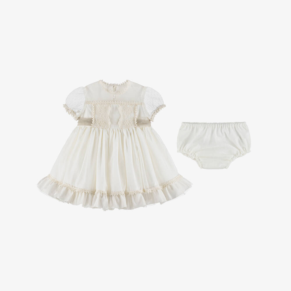 Abuela Tata-Girls Ivory Tulle Dress Set with Lace Trims & Beige Sash | Childrensalon
