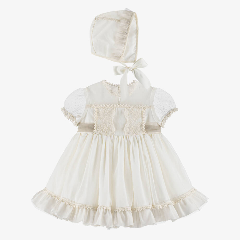 Abuela Tata-Girls Ivory Tulle Dress Set with Lace Trims & Beige Sash | Childrensalon