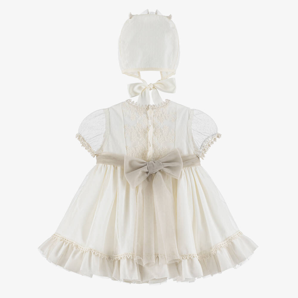 Abuela Tata-Girls Ivory Tulle Dress Set with Lace Trims & Beige Sash | Childrensalon