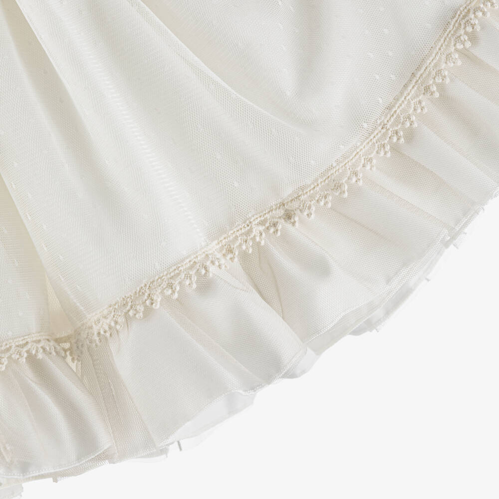 Abuela Tata-Girls Ivory Tulle Dress Set with Lace Trims & Beige Sash | Childrensalon